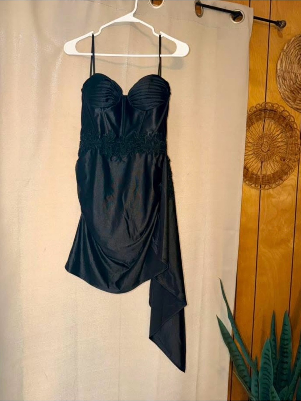 Windsor Black Asymmetric Satin Dress with Lace Waist